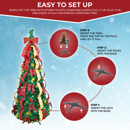 6ft Pop up Christmas Tree - Fully Decorated Pre-Lit Pull Up Tree Includes Storage Bag, Ornaments, Ribbon, Pinecones, Stand, and Warm UL Lights