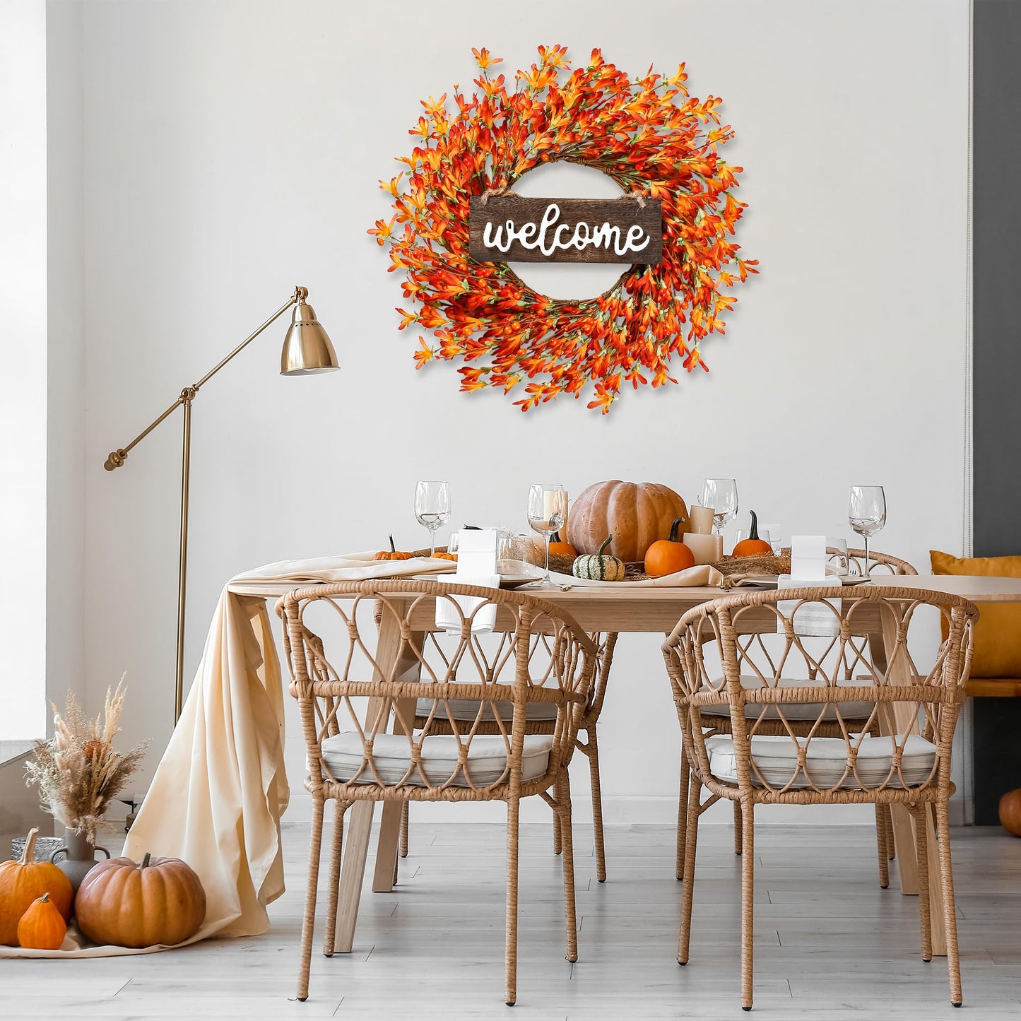 Sggvecsy Artificial Fall Wreath 20’’ Autumn Front Door Wreath Harvest Wreath with Forsythia Flowers Orange Berries Welcome Sign for Outside Indoor Wall Window Festival Thanksgiving Fall Autumn Decor
