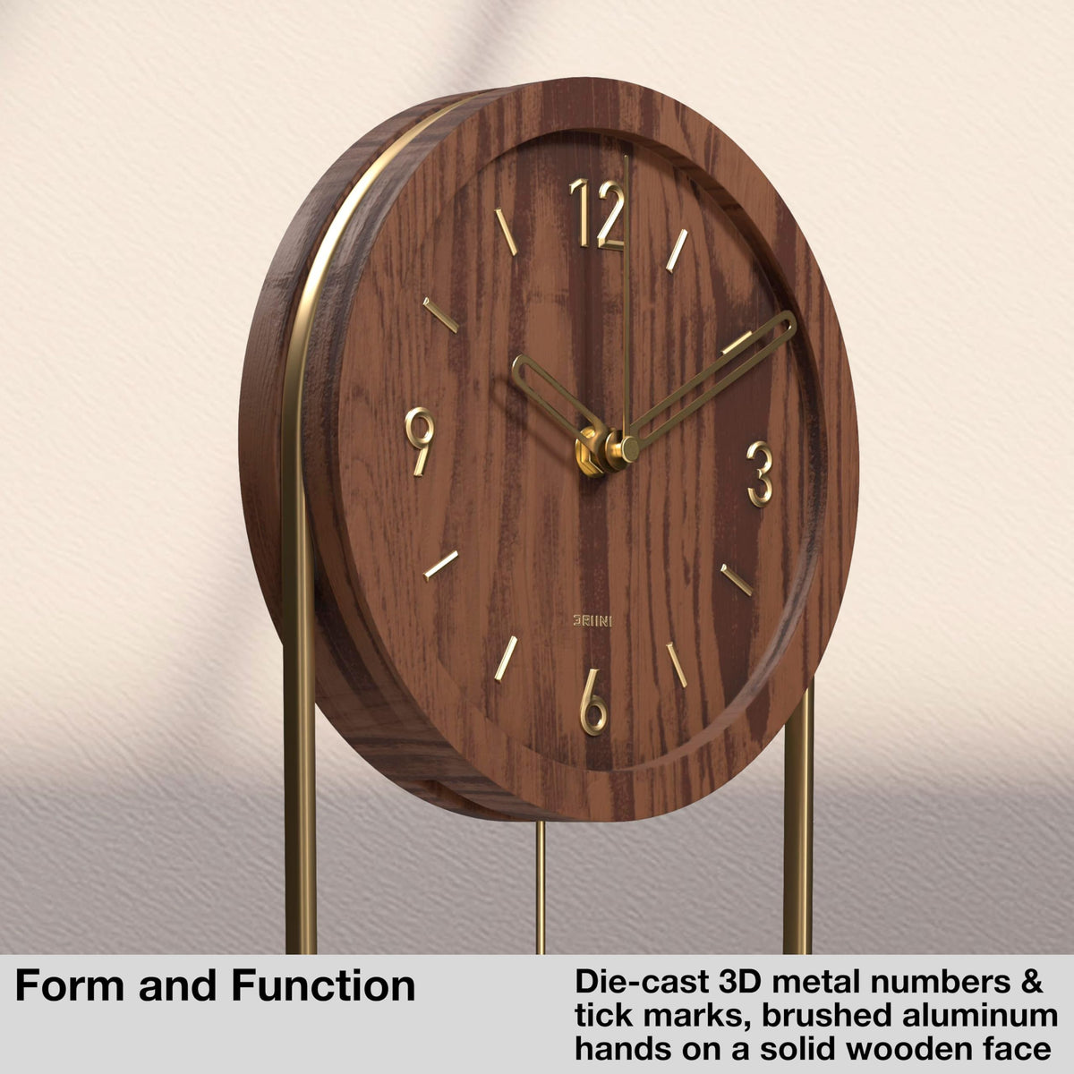 Driini Decorative Wall Clock with Pendulum (Walnut) – Modern Wood, 3D Gold Numbers, Metal Frame – Small, Unique Wall Clocks for Living Room Decor or Bathroom - Battery Operated, Silent, Non-Ticking