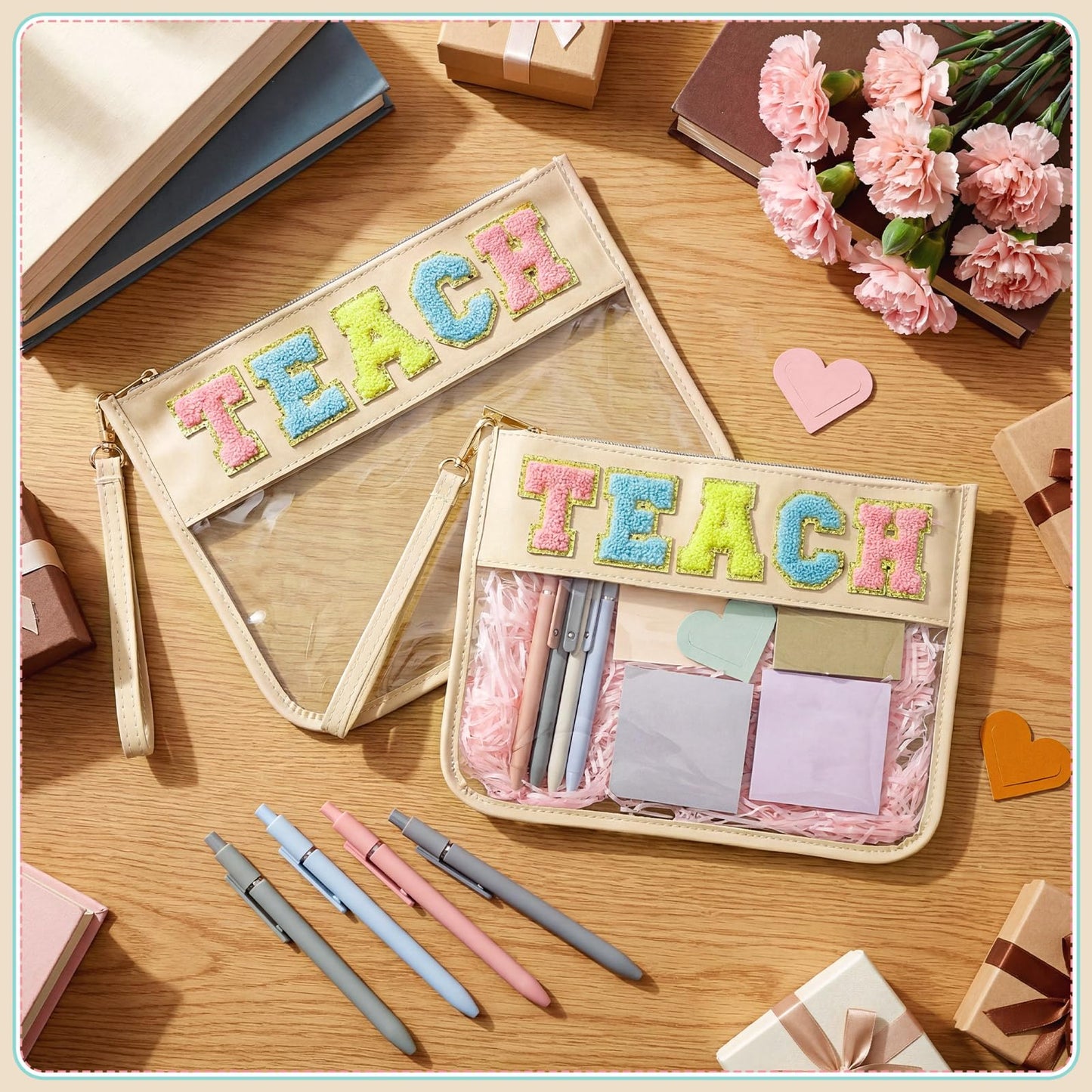 Eaasty 3 Sets Teacher Gifts Bulk Thank You Teachers Appreciation Gifts for Women Teach Chenille Letter Clear Makeup Bag Gel Pens Sticky Note Heart Bookmark Raffia for Graduation Back to School Gift