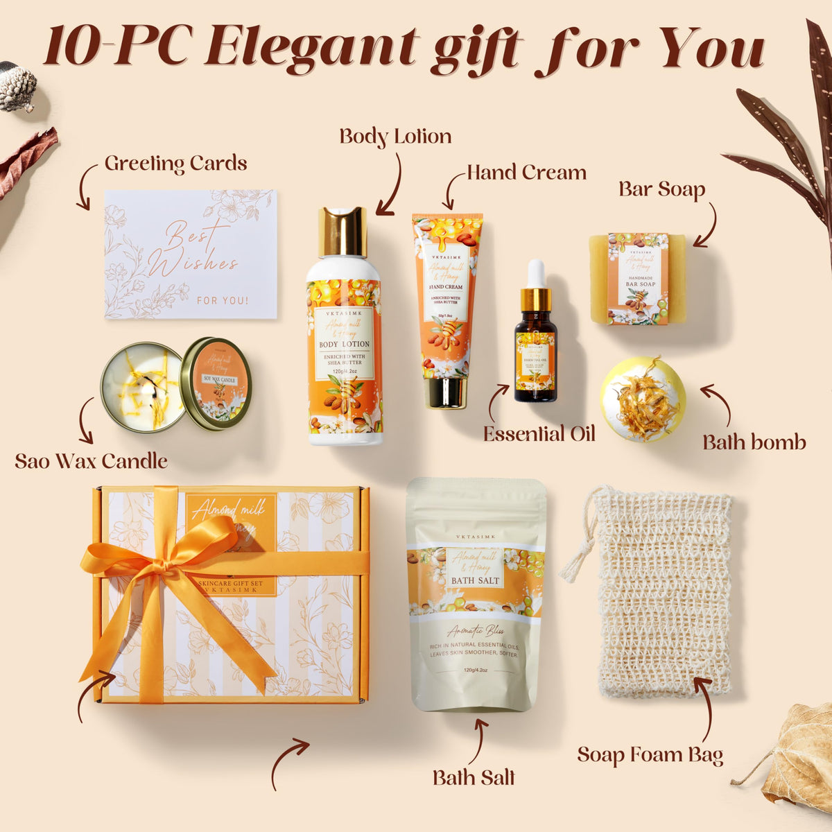 Birthday Gifts for Women, Almond Milk & Honey Relaxing Spa Gift Baskets for Women, Self Care Gifts Home Bath and Body Gifts Set for Mom, Girlfriend, Sister, Female Friends, Coworker