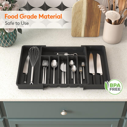 Lifewit Large Cutlery Drawer Organiser, Extendable Cutlery Tray, Kitchen Utensil Spoons Forks Knives Holder Storage, 8 Compartment, Black