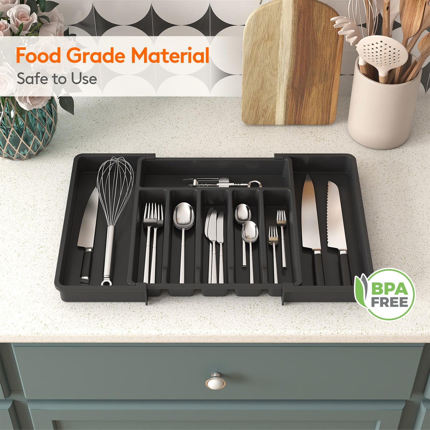 Lifewit Silverware Drawer Organizer, Expandable Utensil Tray for Kitchen, BPA Free Flatware and Cutlery Holder, Adjustable Plastic Storage for Spoons Forks Knives, 8.5"-14.1" x 12.1", Black