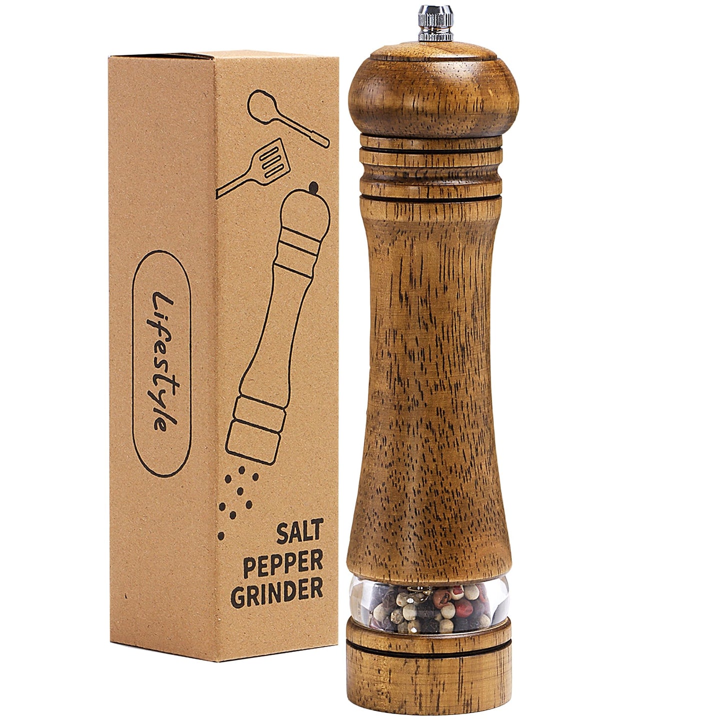 M JINGMEI Wood Salt and Pepper Grinder, Salt Grinder and Pepper Mill, Oak Wood Shakers with Adjustable Ceramic Grinders - 8 inches, 1 Pack