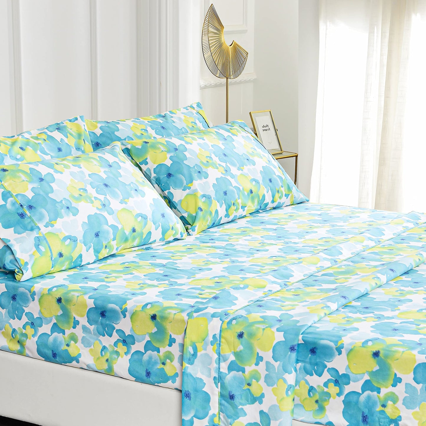 American Home Collection Ultra-Soft Microfiber Sheet Set - Double Brushed - Wrinkle and Stain Resistance - Fit 14 inches Deep Pocket - 6 Pieces Set (Full, Blue & Green Floral)