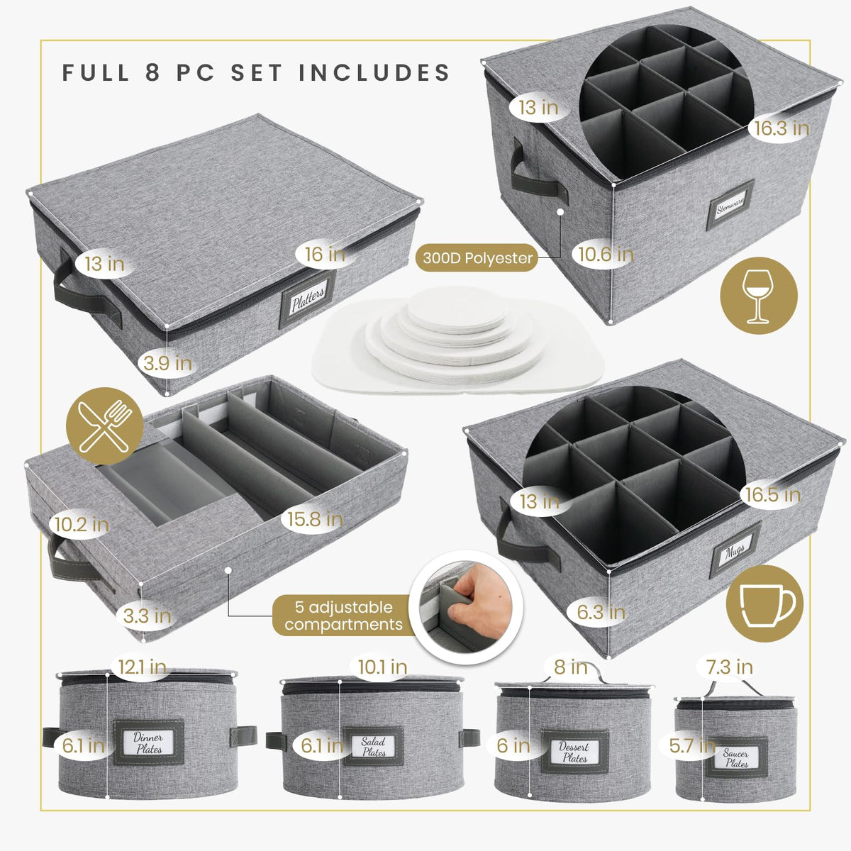 HOMELUX THEORY Hard Shell China Storage Containers, 8pc Light Gray Mug & Plate Storage Box, Kitchen Storage Bins With Lids, Heavy Duty Moving Box with Handles for Dishes, Silverware, Cup & Mug