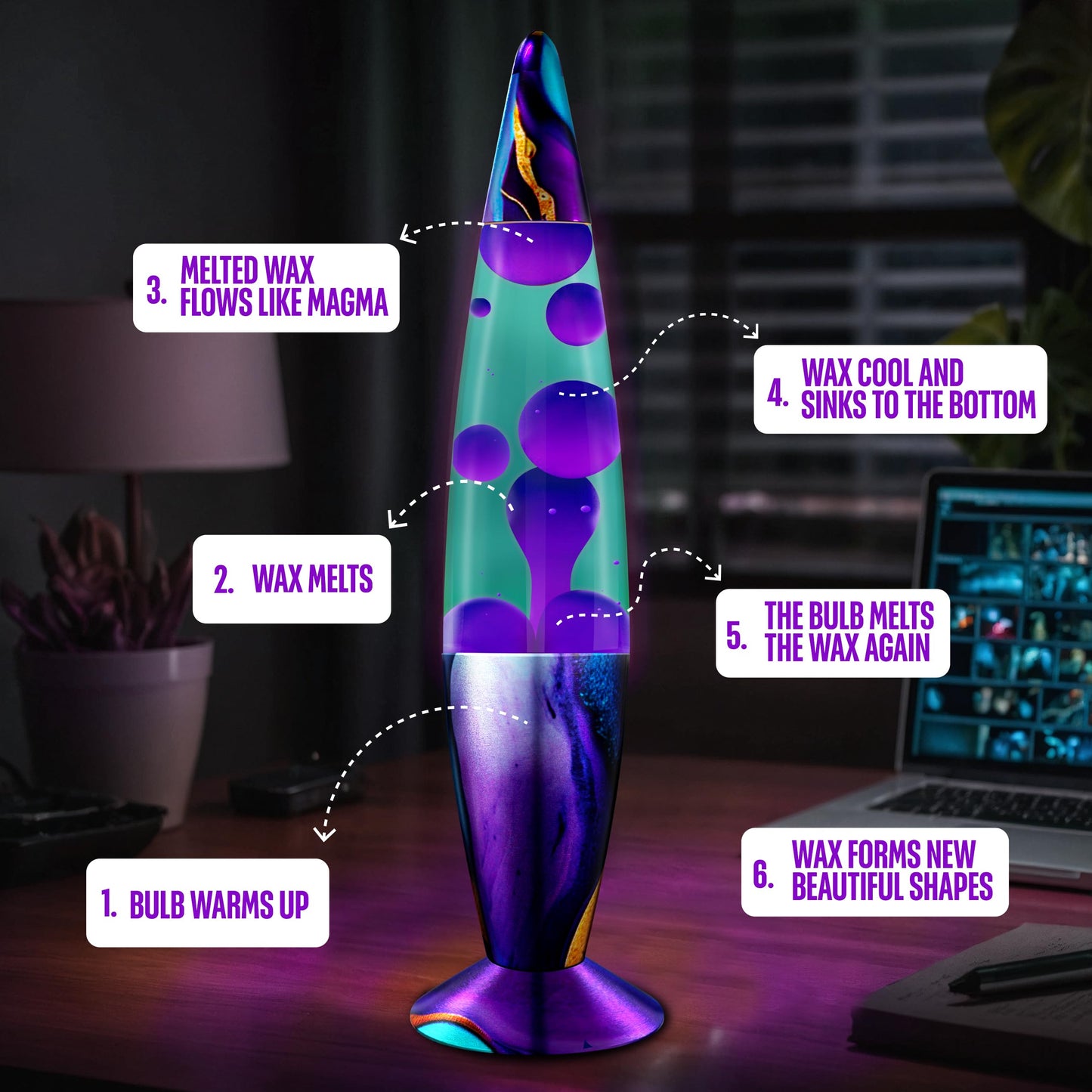 JAMBO 16" Beautiful Lamp- Teal with Purple Wax- Relaxing Liquid Light, Night Light Nightlight, Retro Home Decor Light, Living Room Office Bedroom Lamp for Adults Teens Kids, Magma Motion