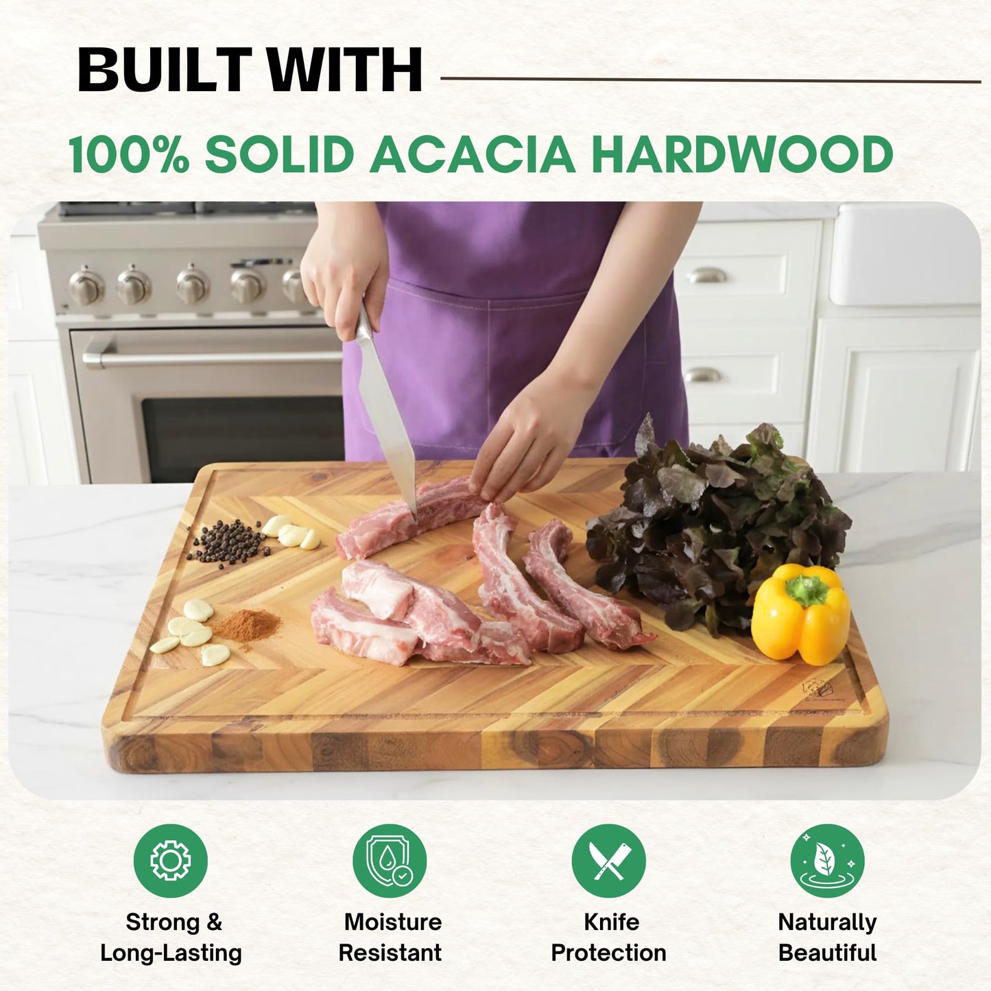 Herringbone Acacia Wood Cutting Boards for Kitchen, 1.5 in Thick Butcher Block Construction for Stability, 20 x 15 in Large Cutting Boards with Gift Box, Juice Groove and Handle