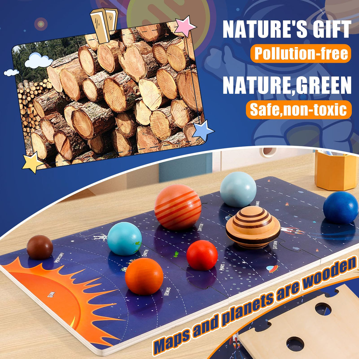 COOLDUCK 30 Pcs Wooden Solar System Model Board Toy Kit, Montessori Planet Balls Toys with Astronaut Figures, Preschool Learning Educational Puzzle, Space Knowledge Flash Cards Learning Toys for Kids