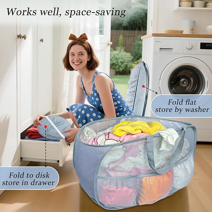Collapsible Laundry Baskets 2 Pack, Mesh Pop Up Hamper