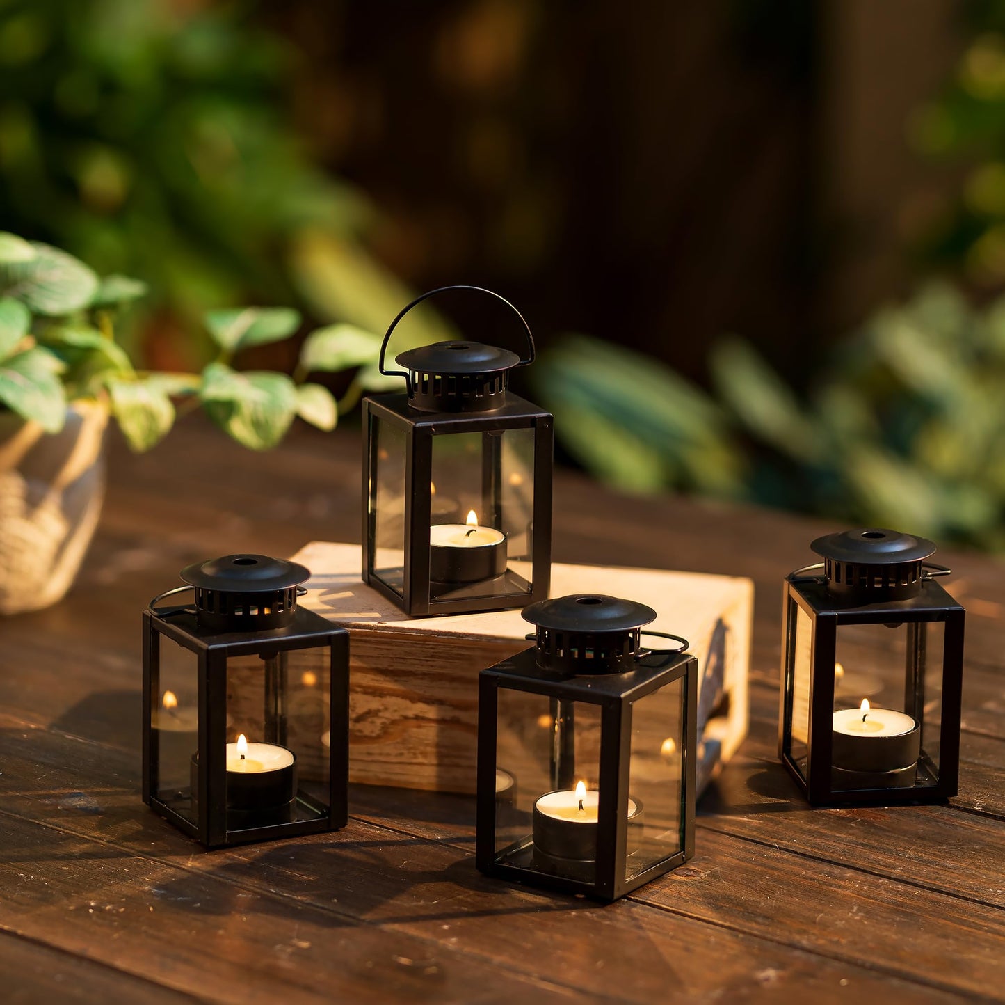 Small Candle Lanterns Decorative Outdoor: 4 Pcs Black Hanging Tea Lights Candle Holder for Table Centerpiece Fireplace Wedding Christmas 3.9" Glass Farmhouse Decor