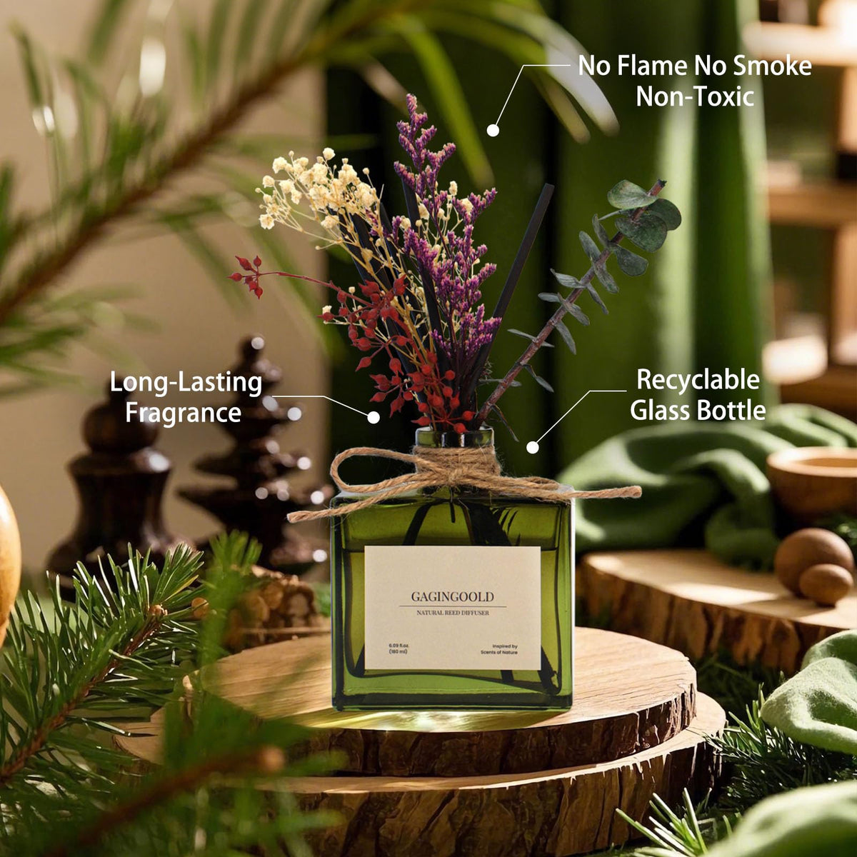GAGINGOOLD Reed Diffuser, 6.09 oz Earthy Sandalwood Scent Diffuser with Sticks & Dried Flowers, 120 Days Long Lasting diffusers for Home, Elegant Fragrance for Bathroom Bedroom Office Decor Air Fresh