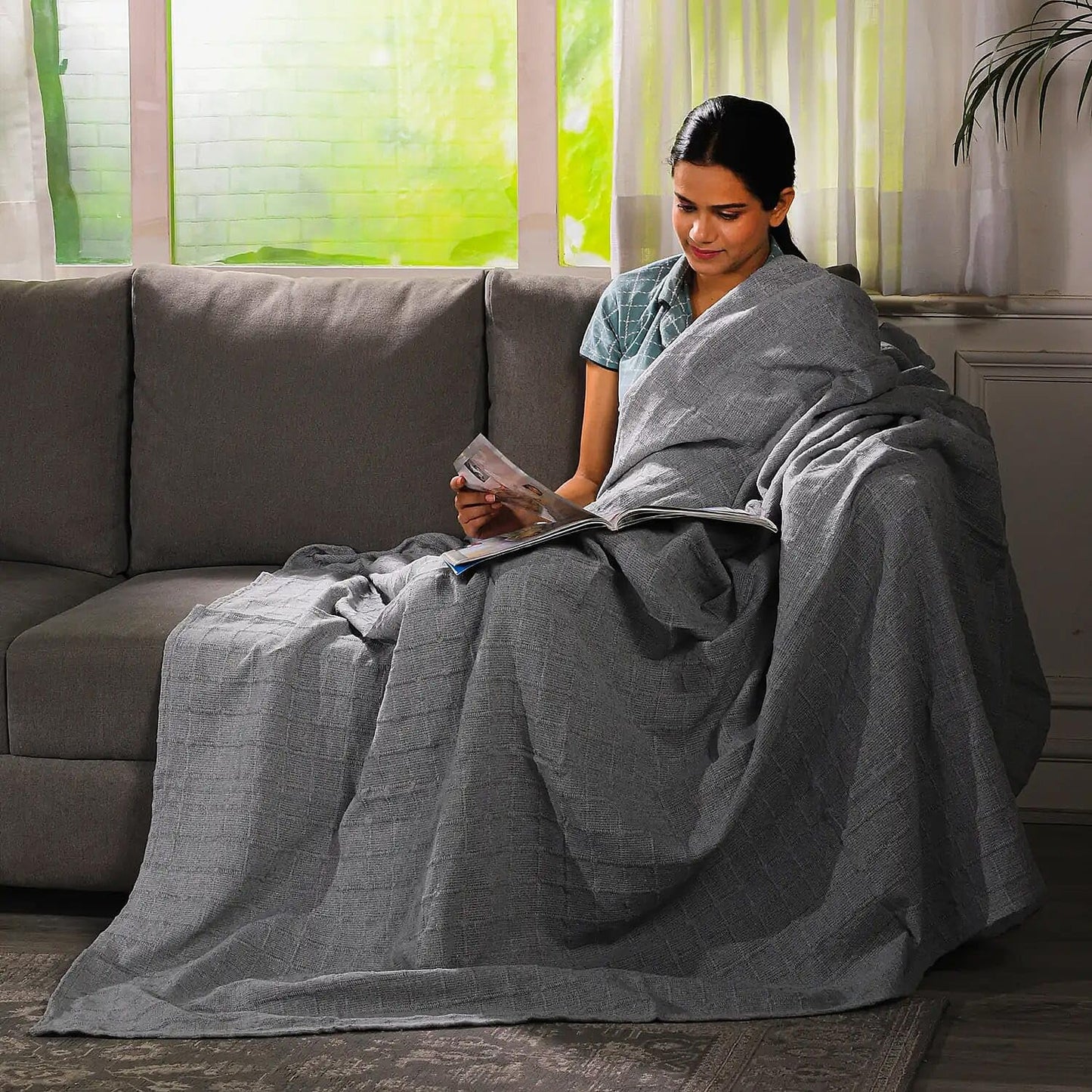 100% Cotton Gray Throw Blanket Woven Checker Pattern Super Soft Breathable Lightweight 68x90 inches Birthday