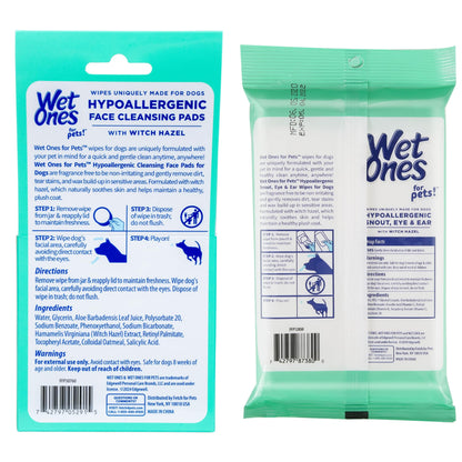 Wet Ones for Pets Hypoallergenic Face Cleansing Pads Fragrance-Free 3.2 in Round 50 ct + Extra Gentle Dog Wipes with Witch Hazel Fragrance-Free Snout Eye Ear 30 ct Bundle