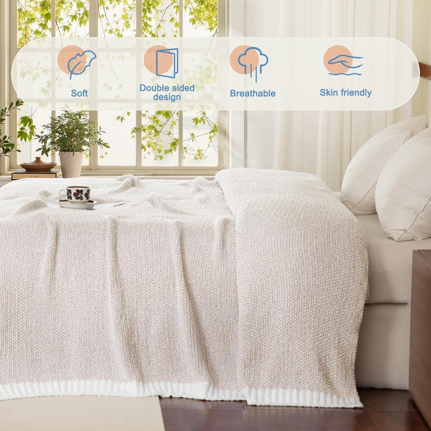 Whale Flotilla Knit Throw Blanket, Ultra Soft Warm Reversible Cozy Decorative Blankets for Couch Sofa and Bed, 50x60 Inch, Camel
