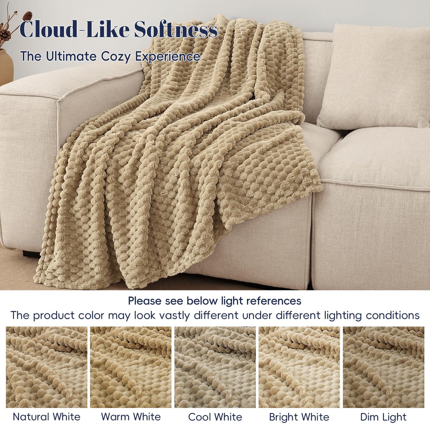 PHF Ultra Soft Flannel Fleece Throw Blanket, Lightweight 3D Jacquard Fleece Blanket, No Shedding, No Pilling, Luxury 340GSM Fluffy Cozy Throws for Couch Room Decor, 50"x60", Khaki