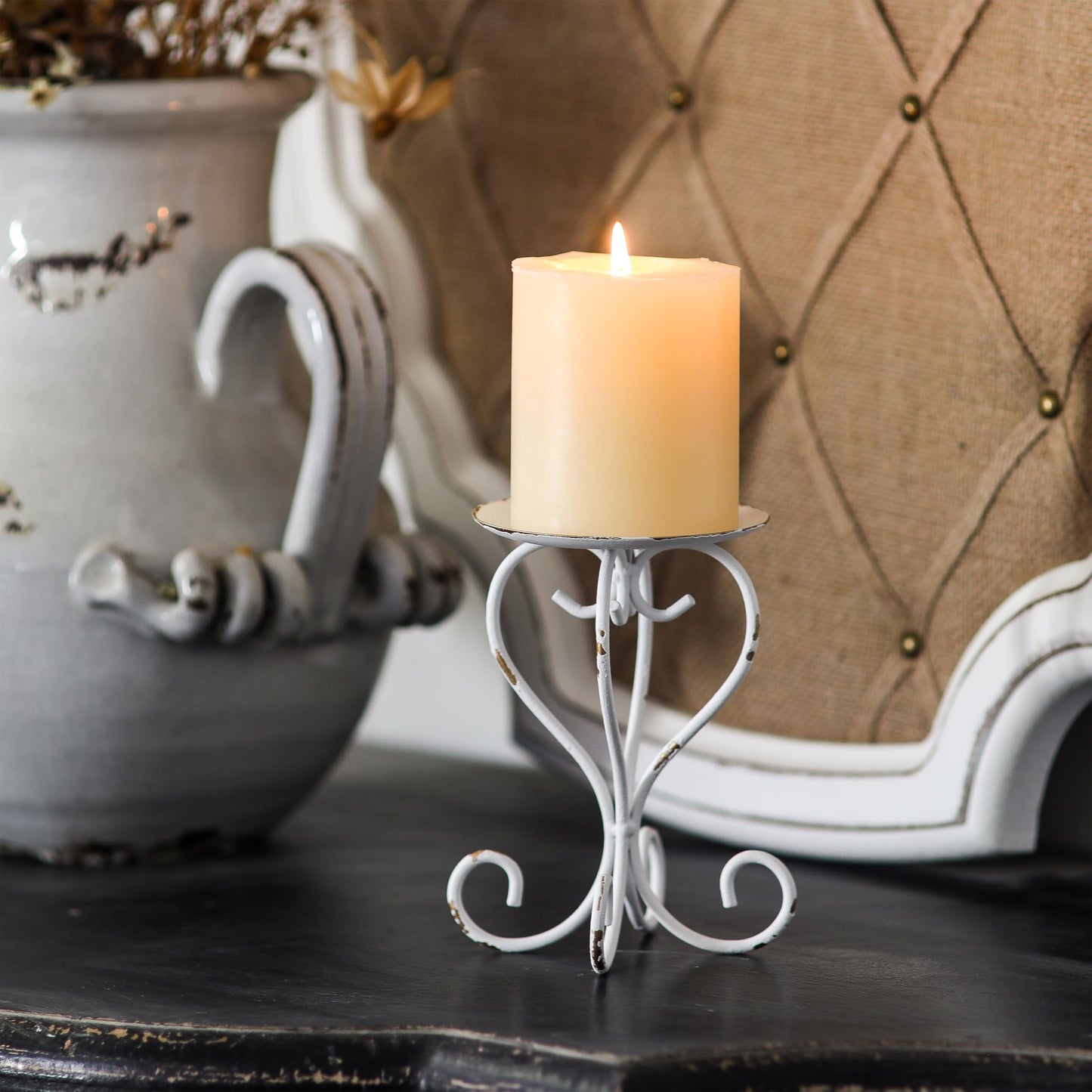 SOFE Metal Pillar Candle Holder, Shabby Chic White Candle Stand Scroll Shape 5.6 Inches Tall, Modern Farmhouse Candles Pedestal, Living Room, Bedroom, Dining Room, Coffee Table Decor