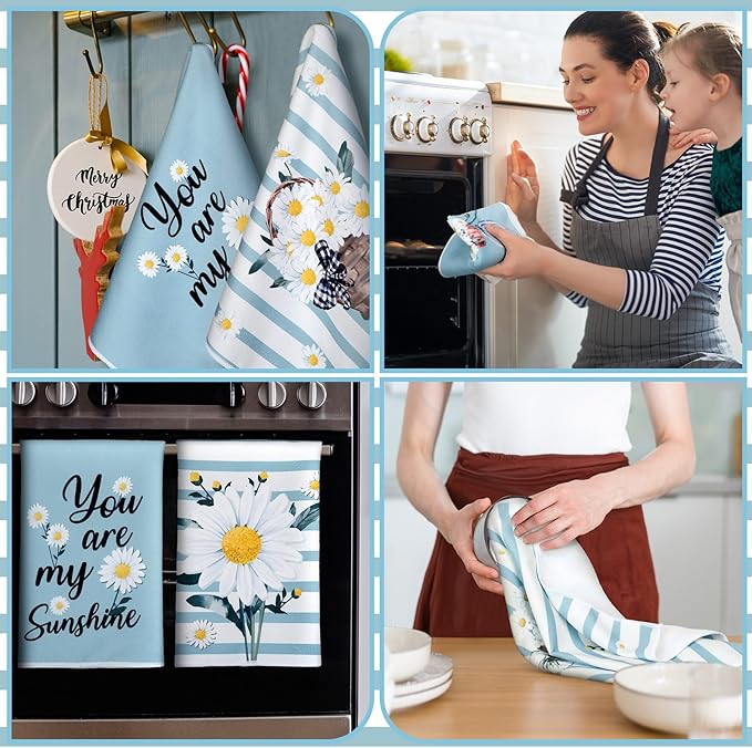 Boyiee Set of 6 Daisy Flower Kitchen Towels Daisy Stripes Tea Towels Floral