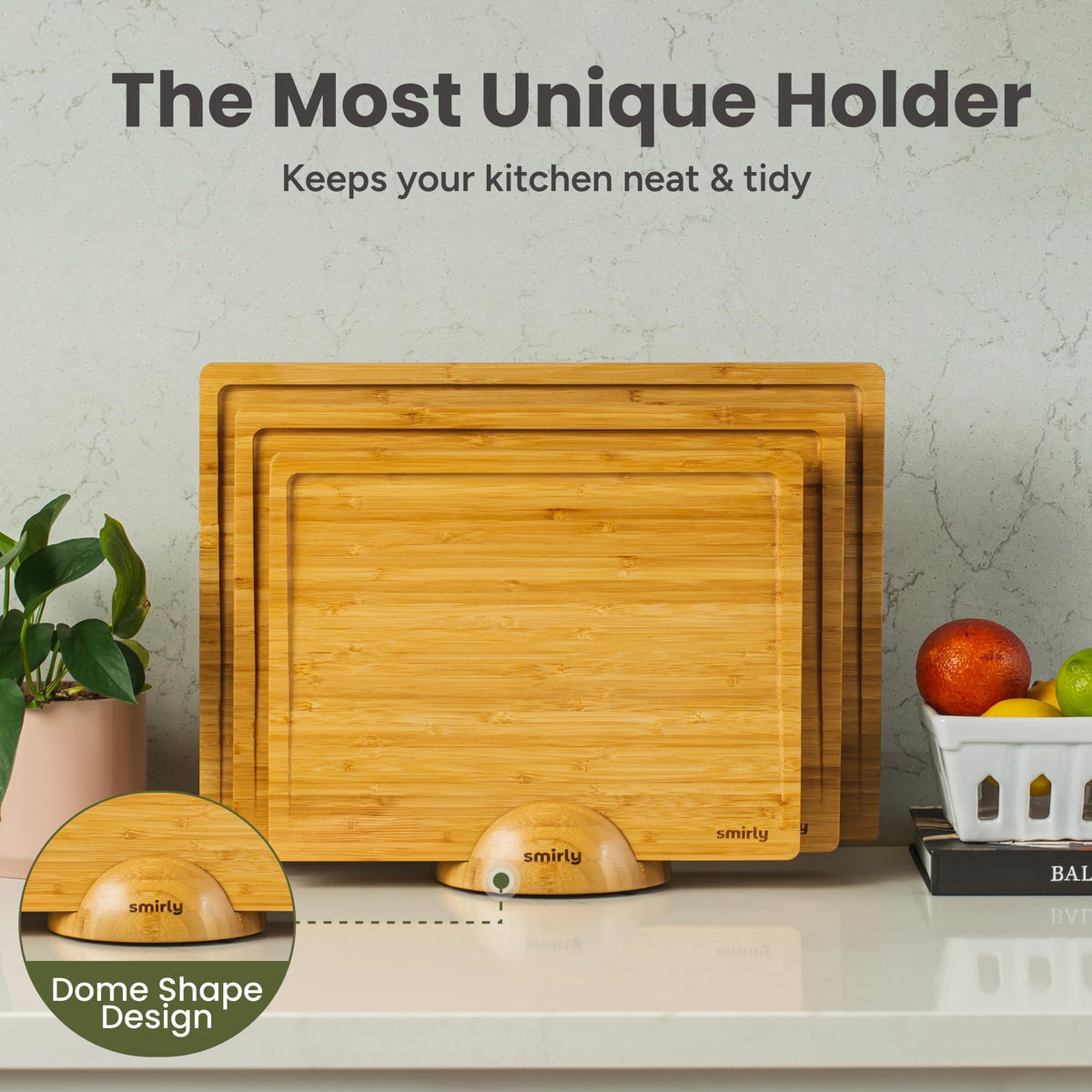 SMIRLY Bamboo Cutting Boards for Kitchen - Wood Cutting Board with Handle and Juice Groove - Wooden Chopping Board Set of 3 with Holder