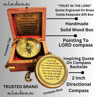 Trust in The Lord - Proverbs 3: 5-6 Engraved Compass, Wood Box Greeting, Inspirational Gift Men, Christian Boys Baptism Gifts, Graduation Day (#1 Lord's Compass)