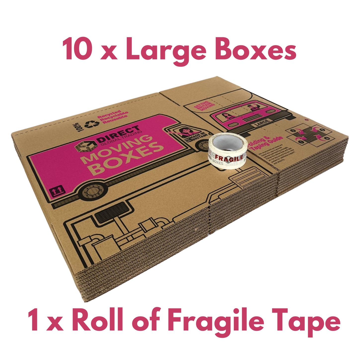 10 Strong Large Cardboard Storage Packing Moving House Boxes with Fragile Tape 52cm x 30cm x 30cm 47 Litres Carry Handles and Room List