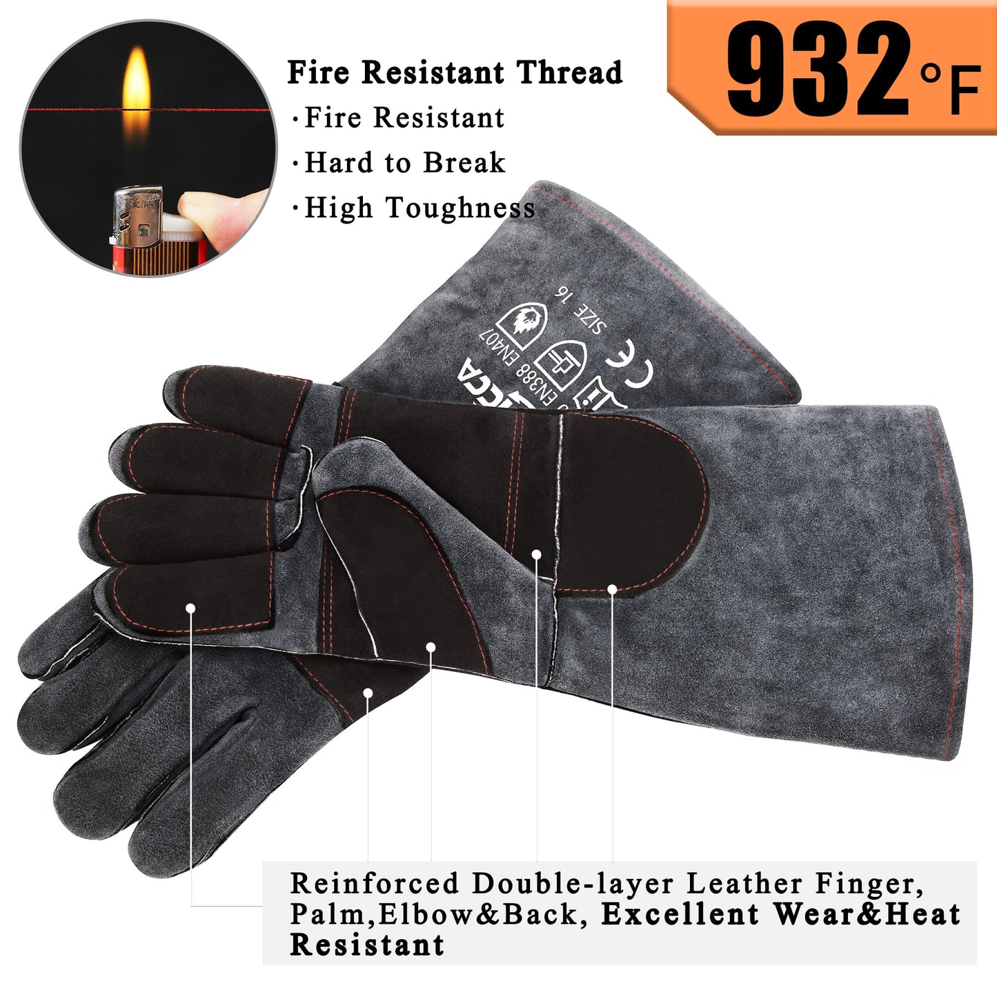RAPICCA Fireplace Gloves Fire Heat Resistant: Dark-Grey 16IN 932℉ - Fireproof Leather for Fireplace Fire pit Wood stove Campfire Furnace BBQ Grill Stick Mig Welding Welder Gear - one size