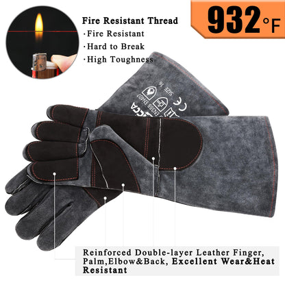 RAPICCA Fireplace Gloves Fire Heat Resistant: Dark-Grey 16IN 932℉ - Fireproof Leather for Fireplace Fire pit Wood stove Campfire Furnace BBQ Grill Stick Mig Welding Welder Gear - one size
