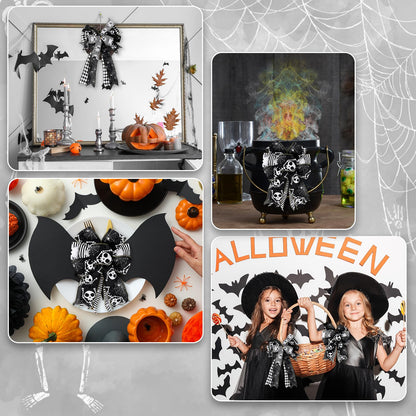 JarThenaAMCS 5 Roll Halloween Wired Edge Ribbon - 2.5 Inch, 30 Yards Ghost Skeleton Spider Web - White & Black Spooky Gift Wrap Ribbon for Bow, Wreath, Craft & Party Decor