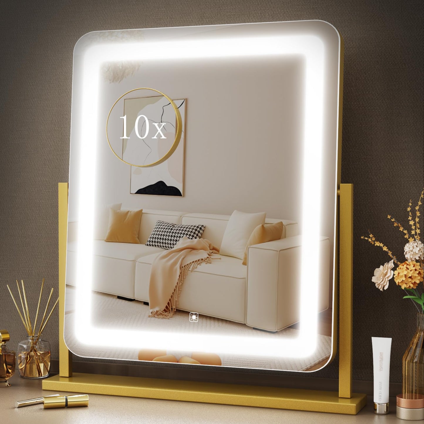 Makeup Vanity Mirror with Lights 15.2" Large LED Lighted Mirror, Hollywood Make Up Mirror with Lighting for Bedroom Tabletop, Smart Touch,Detachable 10X Magnification 360° Rotation, (White)