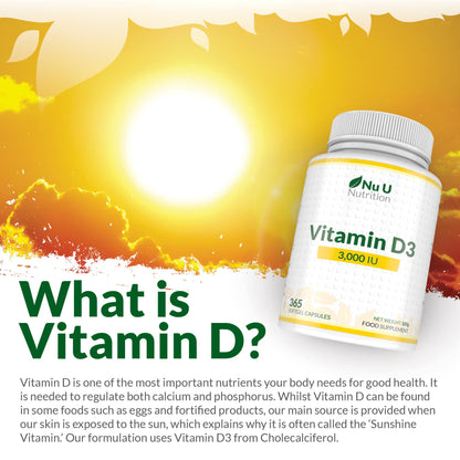 Vitamin D 3000IU - 365 Softgel Capsules - 1 Year Supply - Triple Strength Vitamin D3 Supplement - High Absorption Cholecalciferol - Gluten & Dairy Free by Nu U Nutrition