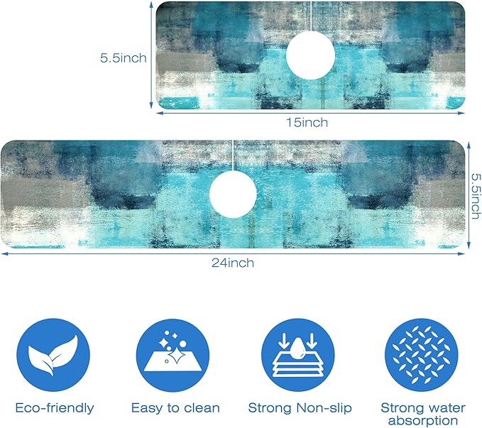 Kitchen Sink Splash Guard Faucet Mat Abstract Teal and Grey Geometric Absorbent