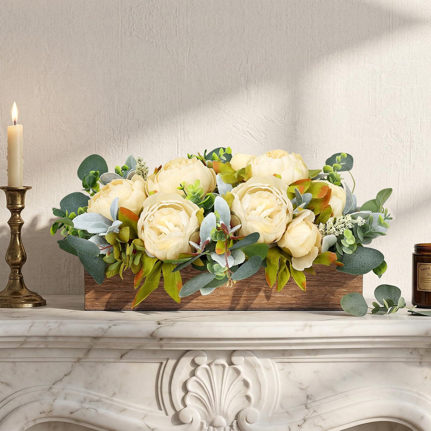 Scawim Flower Table Centerpieces for Dining Room, Summer Artificial Peony Table Centerpieces Wood Tray with Fake Flowers for Wedding Living Room Party Bar Kitchen Table(Champagne)