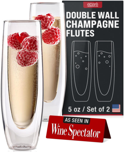 Eparé Double Wall Stemless Champagne Flutes Glass - Set of 2 Lightweight Mimosa and Prosecco Glasses for Bridal Shower, Bridesmaid Gift - Modern Stemless Champagne Glasses