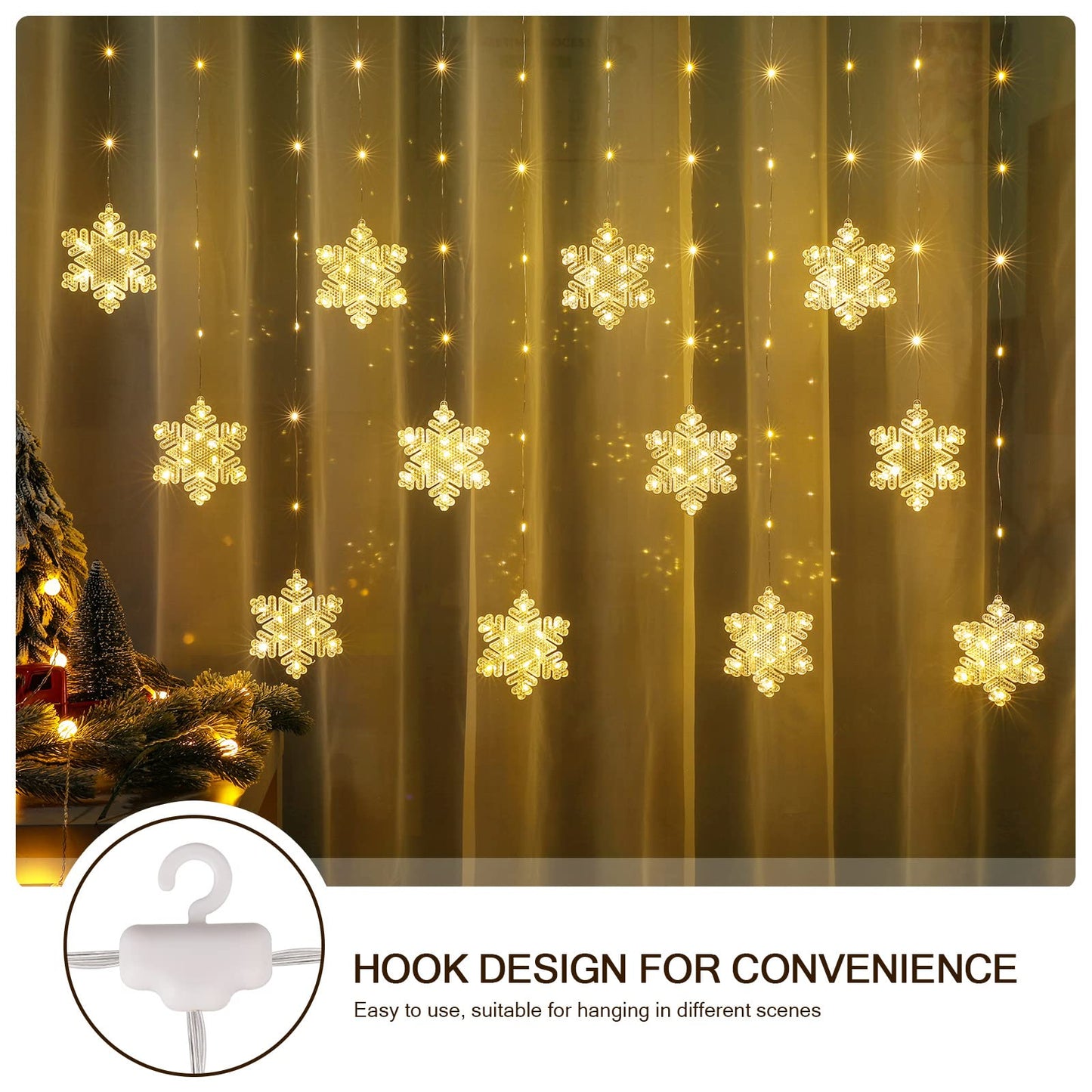BLOOMWIN Window Lights Christmas Decor 10ft 12 Snowflakes Icicle Lights USB Christmas Curtain Lights for Bedroom Indoor Wall Winter Decorations for Home Church Wedding Birthday, 8 Modes, Warm White