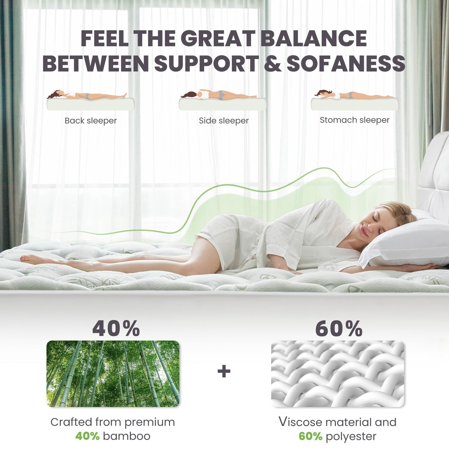 BDEUS Queen Mattress Topper Viscose Derived from Bamboo Extra Thick Mattress Pad, Ultra Soft Cooling Mattress Protector Cover with 21" Deep Pocket for Back Pain Relief