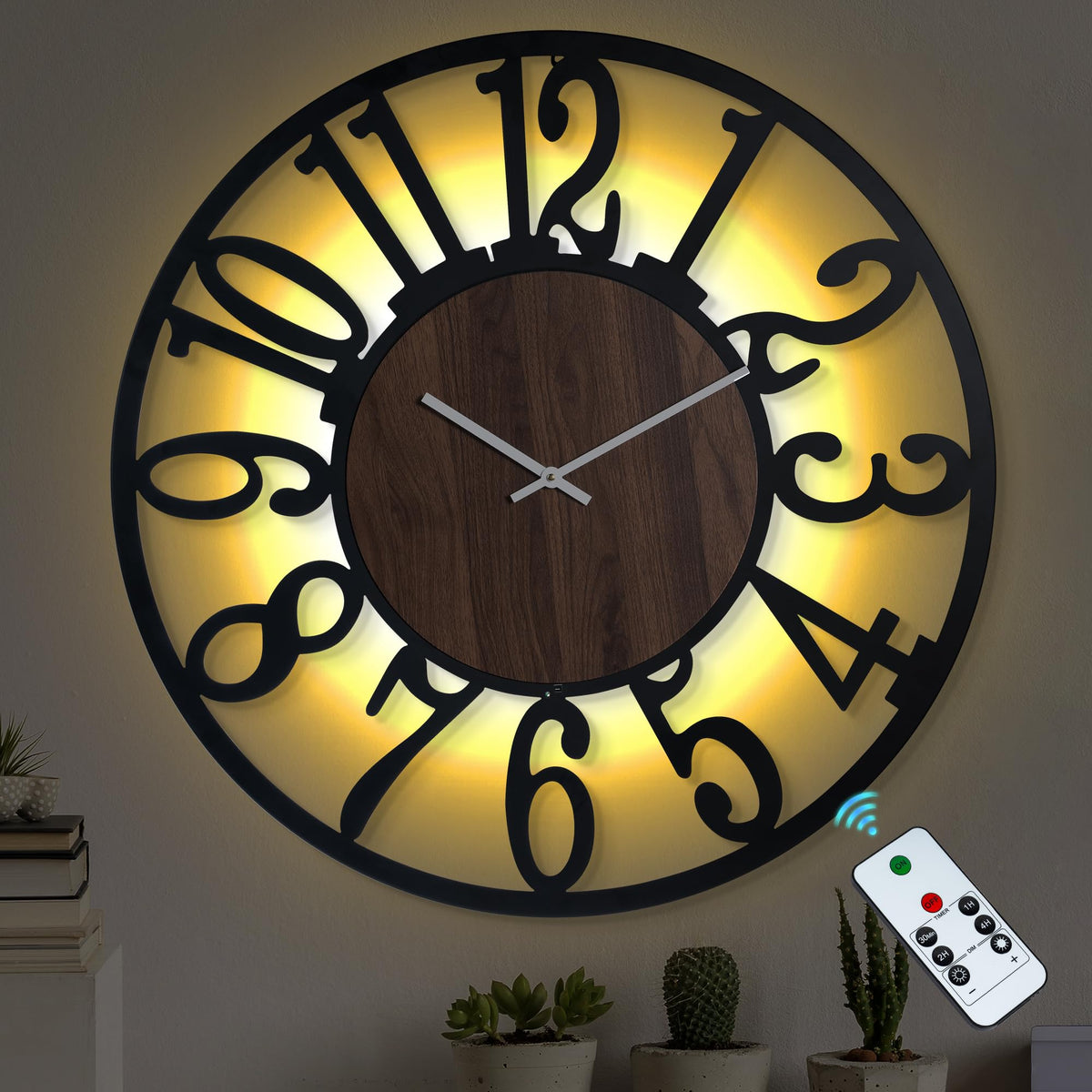 LEIKE Large Wall Clock 32'' Lighted Rustic Wood Clock with Remote Timer, Silent Battery Operated Modern Oversized Wall Clock for Living Room, Bedroom, Farmhouse, Home Decor, Large Number Display