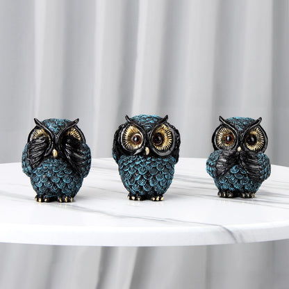 Owl figurine and sculptures for shelf decor accents,3 wise Owl statue for living room bedroom decoration,Retro animal decor,boho gift for women bird lover,see no evil hear no evil speak no evil