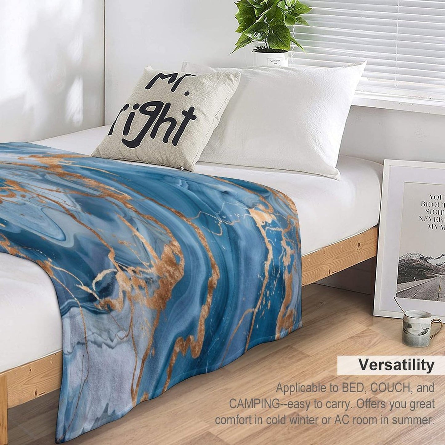 Marble Throw Blanket for Bed Sofa, 40"x50" Super Soft Warm Cozy Fluffy Plush Blanket, Modern Abstract Foil Stone Texture Gold Blue Marble Flannel Couch Blanket for Travel Camping