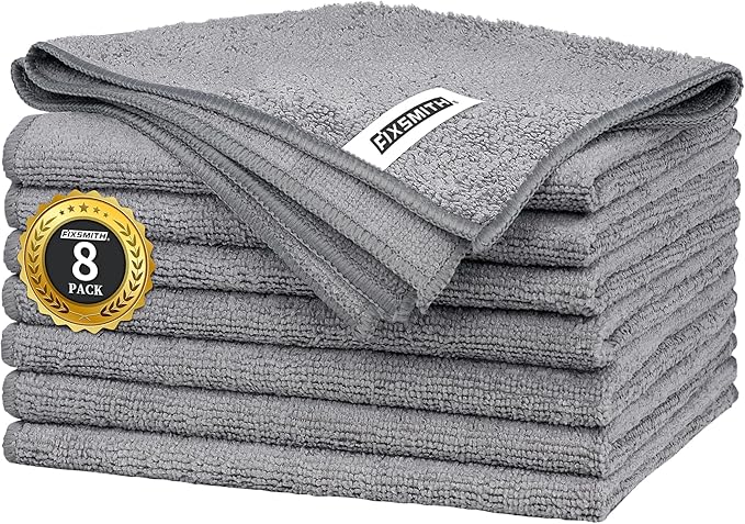 FIXSMITH Grey Microfiber Cleaning Cloth -Pack of 8, Highly Absorbent Cleaning