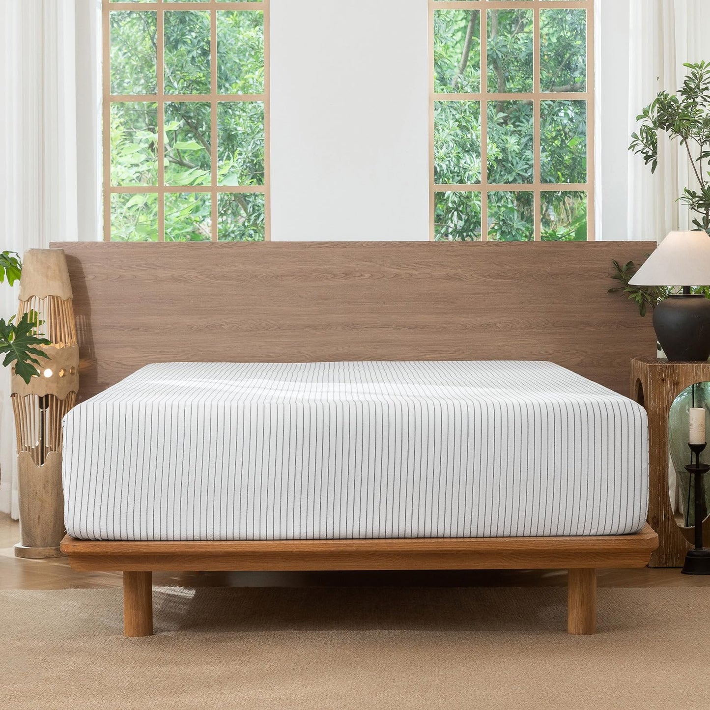 MooMee Fitted Bottom Sheet Only 100% Washed Cotton Linen Like Textured Breathable Durable Soft Comfy Deep Pocket Fits Mattress up to 17" (White Dark Grey Wide Stripes, Queen)