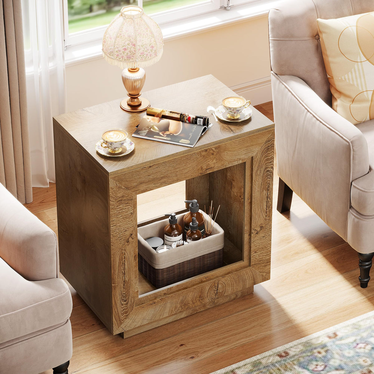 Tribesigns Rustic Wood End Table, 2 Tiered Square Side Table with Storage Shelf, Industrial Sofa Side Table for Living Room, Entrance (1, Wood)