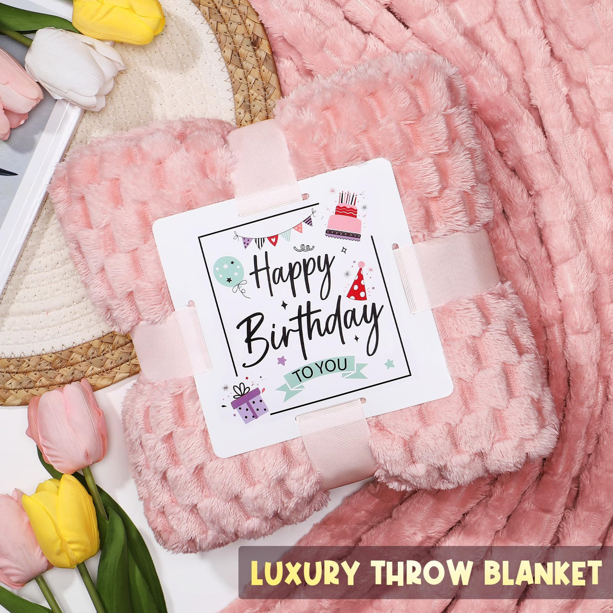Birthday Gifts for Women Friendship, Unique Happy Birthday Gifts Basket for Mom Her Best Friend Sister Wife Girlfriend Coworker, Luxury Self Care Box Rose Relaxing Spa Gifts Set for Women with Blanket