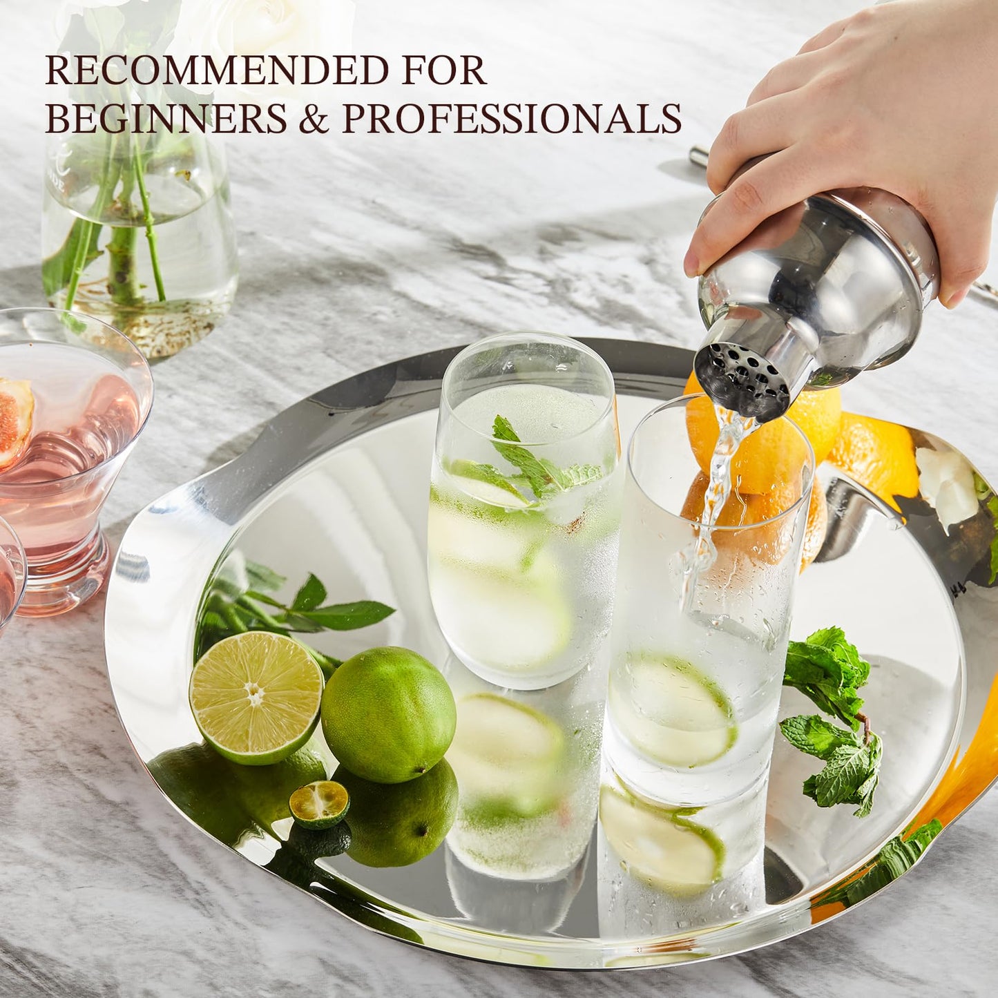 Cocktail Shaker, KITESSENSU 24oz Drink Shaker with Bartender Strainer, Measuring Jigger, Bar Mixing Spoon, Cocktail Recipe Guide, Professional Drink Mixer Set for Beginners, Silver
