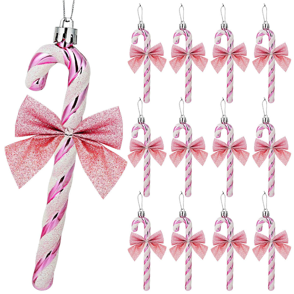 FYFLED Candy Cane Christmas Tree Decorations - 12 Pcs Candy Cane Ornaments for Tree, Glitter Candy Cane Bows for Xmas Tree Hanging Ornament Festival Party Home Decor, Pink