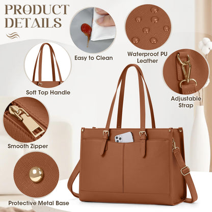 RAINSMORE Lunch Tote Bag for Women 15.6 Inch Laptop Bags with Insulated Lunch Compartment Large Leather Quilted Computer Tote for Teacher Nurse Work Collage Casual Brown