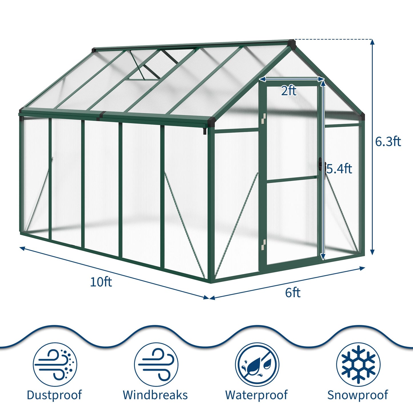 Greenhouse, 6x10 Ft Outdoor Greenhouses, Greenhouse Kit, Portablee Greenhouses with Ground Nails and Vent Windows, Sliding Lockable Door, Polycarbonate Green House for Outside Garden Backyard, Green
