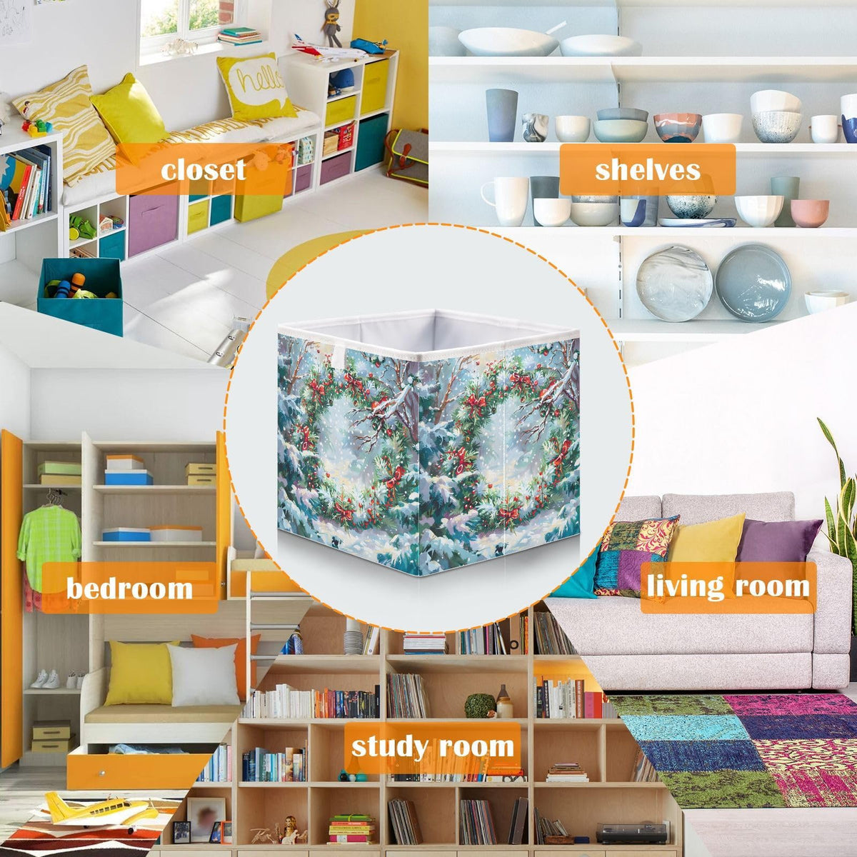 senya Large Storage Bins Beautiful Christmas Wreath Collapsible Foldable Storage Cubes Fabric Basket Closet Organizer Containers Box for Home Bedroom Office 15.7 x 10.6 x 6.9in