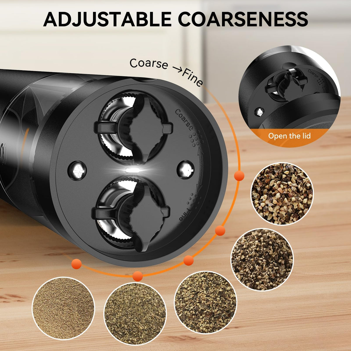 HeatBay 2 in 1 Electric Salt and Pepper Grinder Set, USB Rechargeable, Automatic Salt and Pepper Mill Shakers with Battery Display, LED Light, Adjustable Coarseness Ideal for Kitchen Gift(Black)