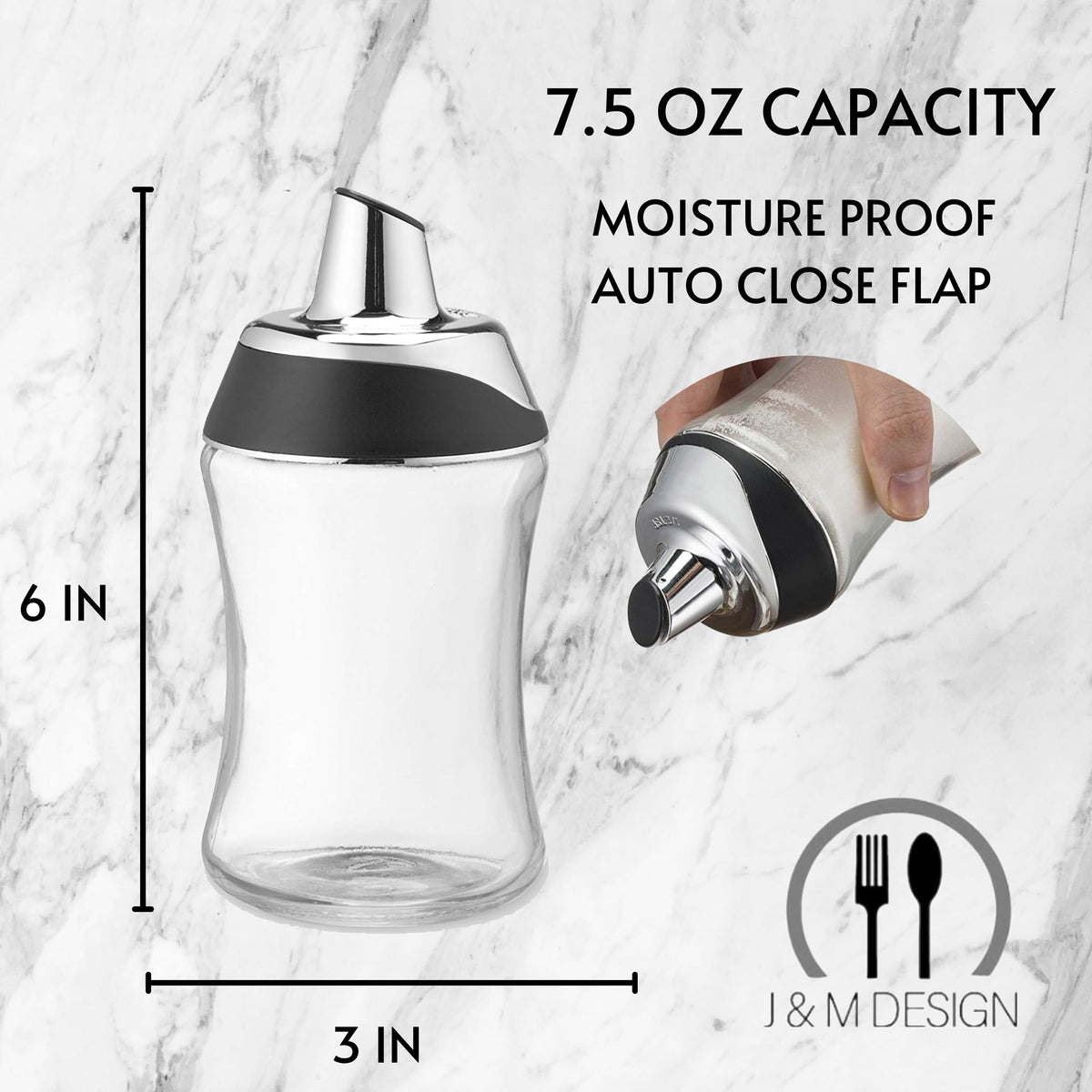J&M Design 2-Pack Glass Sugar Dispenser & Shaker for Coffee, Cereal, Tea & Baking with Pour Spout and Lid for Easy Spoon Measuring Pouring - 7.5oz Jar Container - Coffee Bar Accessories & Essentials