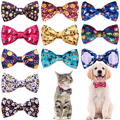 PET SHOW 10pcs Halloween Small Dog Bow Ties for Medium Dogs Puppies Rabbit Cat Detachable Bowties with Elastic Bands Attach to Collar Pet Grooming Collar Attachment Accessories